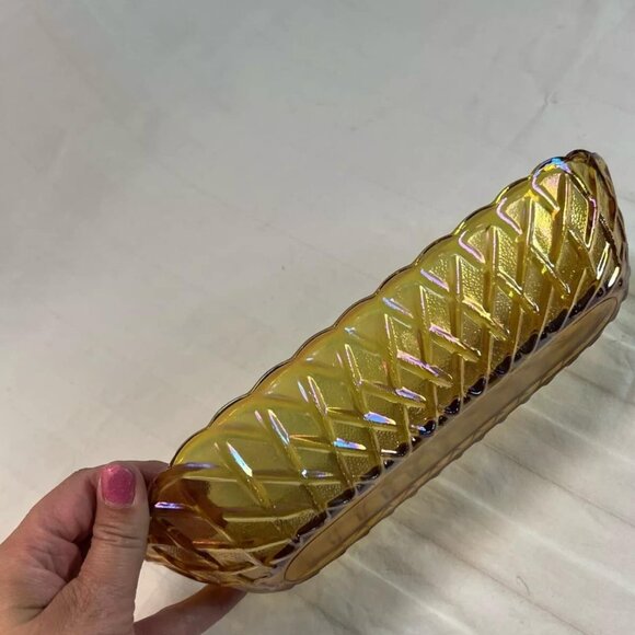 VTG MARIGOLD CARNIVAL GLASS LONG OVAL DISH IRIDESCENT GOLD AMBER Read Descriptio - Picture 3 of 9